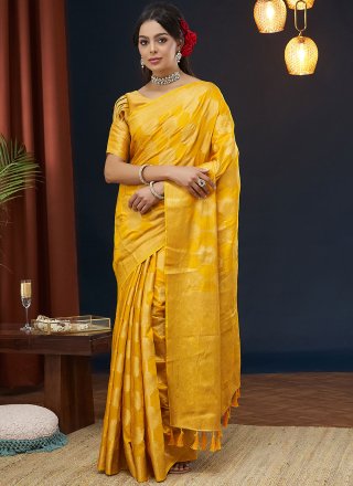 Weaving Work Viscose Contemporary Sari In Mustard