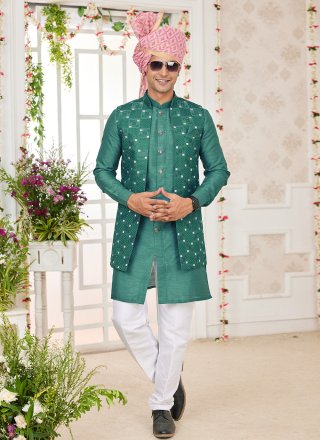 Whimsical Green Art Banarasi Silk Kurta Payjama with Jacket