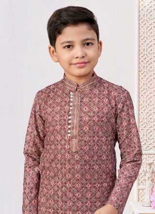 Whimsical Maroon and Red Rayon Kurta Pyjama with Digital Print and Embroidered Work