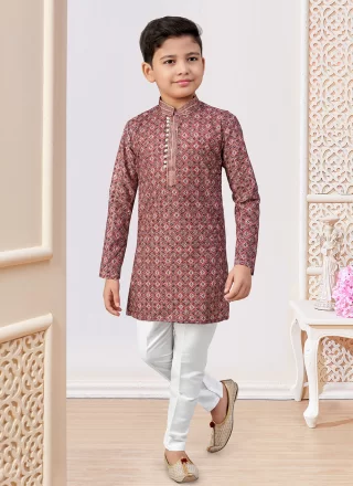 Whimsical Maroon and Red Rayon Kurta Pyjama with Digital Print and Embroidered Work