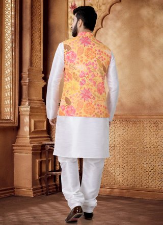 White and Yellow Cotton Foil Print Work Kurta Payjama with Jacket for Ceremonial