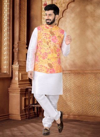 White and Yellow Cotton Foil Print Work Kurta Payjama with Jacket for Ceremonial