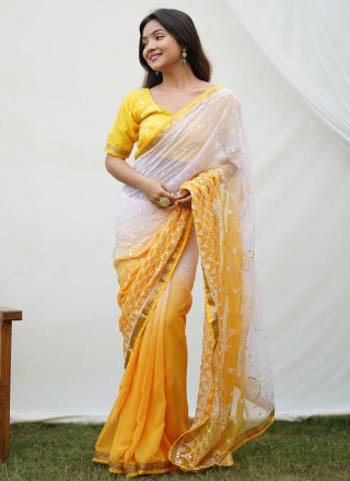 White and Yellow Georgette Embroidered, Lace and Thread Work Trendy Saree for Ceremonial
