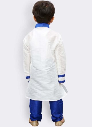 White Art Dupion Silk Plain Work Kurta Pyjama for Kid