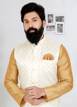 White Banarasi Silk Print Work Nehru Jackets for Ceremonial