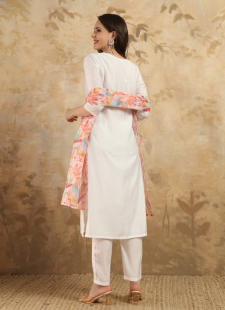 White Chanderi Embroidered and Print Work Pant Style Suit for Casual