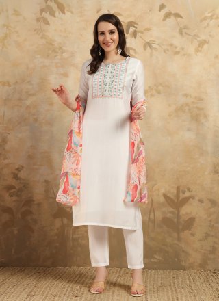 White Chanderi Embroidered and Print Work Pant Style Suit for Casual