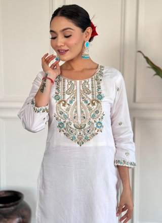 White Chanderi Embroidered and Print Work Pant Style Suit for Ceremonial
