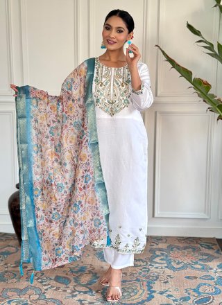 White Chanderi Embroidered and Print Work Pant Style Suit for Ceremonial