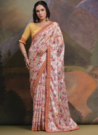 White Chinon Contemporary Saree with Patch Border and Print Work for Women