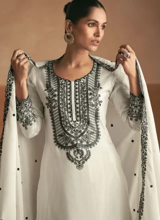 White Chinon Salwar Suit with Embroidered Work for Women