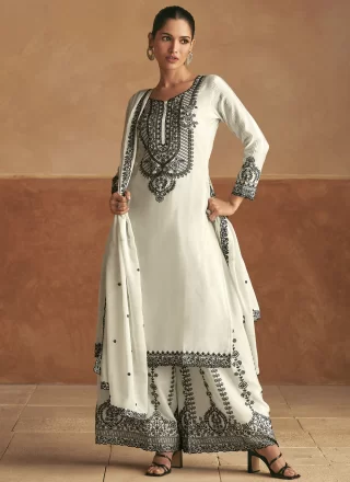 White Chinon Salwar Suit with Embroidered Work for Women