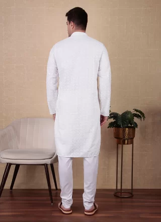 White Cotton Embroidered and Sequins Work Kurta Pyjama