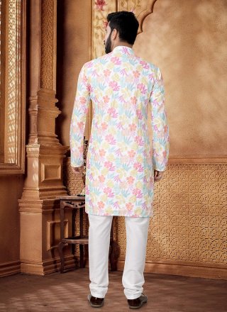 White Cotton Embroidered and Thread Work Kurta Pyjama for Ceremonial