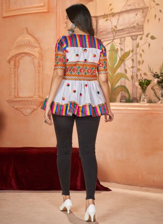 White Cotton Embroidered, Lace and Mirror Work Designer Kurti