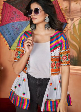 White Cotton Embroidered, Lace and Mirror Work Designer Kurti