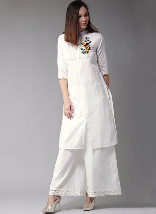 White Cotton Embroidered Work Palazzo Salwar Suit