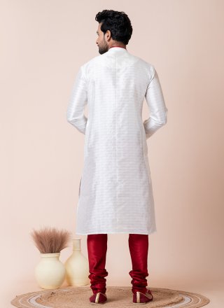 White Cotton Fancy Work Kurta Pyjama for Festival