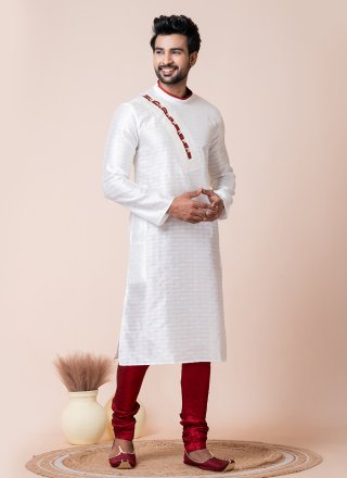 White Cotton Fancy Work Kurta Pyjama for Festival