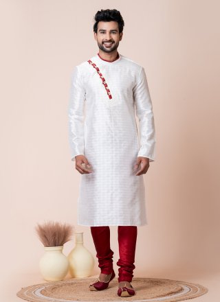 White Cotton Fancy Work Kurta Pyjama for Festival