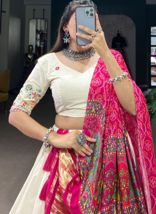 White Cotton Lehenga Choli with Embroidered Work for Ceremonial