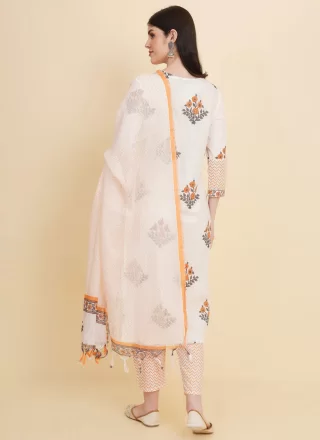 White Cotton Print Work Trendy Suit for Casual