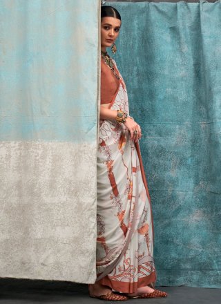 White Crepe Silk Designer Sari with Print Work for Casual