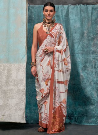 White Crepe Silk Designer Sari with Print Work for Casual