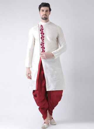 White Dupion Silk Embroidered Work Angrakha Mens Wear for Engagement