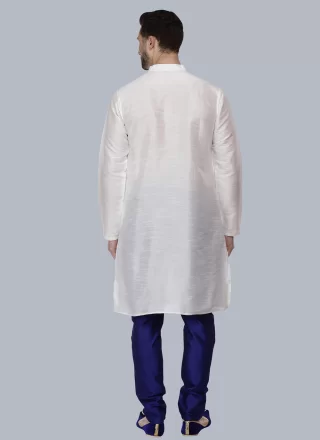 White Dupion Silk Embroidered Work Kurta Pyjama for Ceremonial