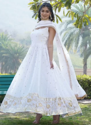 White Embroidered and Sequins Work Faux Georgette  Designer Gown