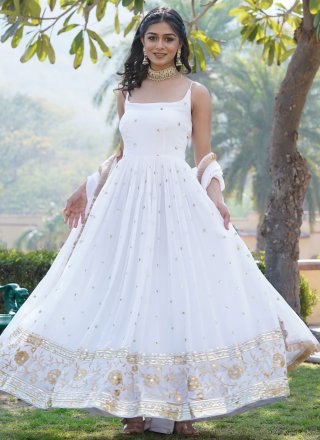 White Embroidered and Sequins Work Faux Georgette  Designer Gown