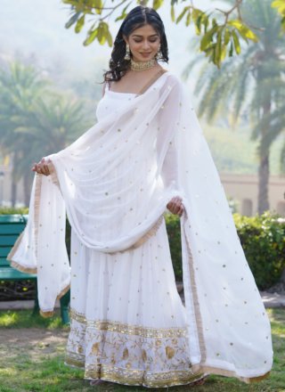 White Embroidered and Sequins Work Faux Georgette  Designer Gown