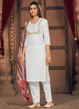 White Embroidered Work Cotton Pant Style Suit