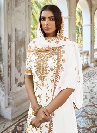 White Embroidered Work Silk Salwar Suit