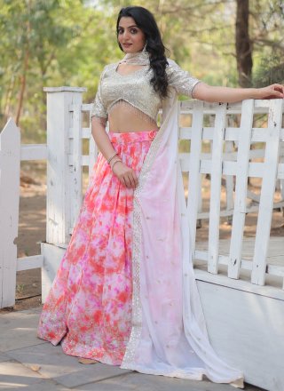 White Faux Georgette Digital Print, Embroidered, Sequins and Thread Work Lehenga Choli for Women