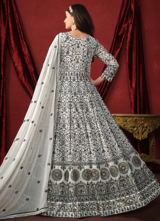 White Faux Georgette Embroidered Work Floor Length Salwar Suit for Engagement