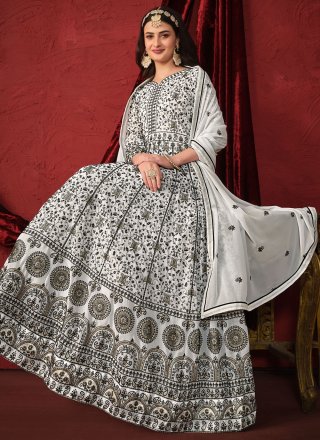 White Faux Georgette Embroidered Work Floor Length Salwar Suit for Engagement