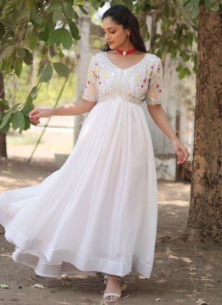 White Faux Georgette Gown with Embroidered and Sequins Work