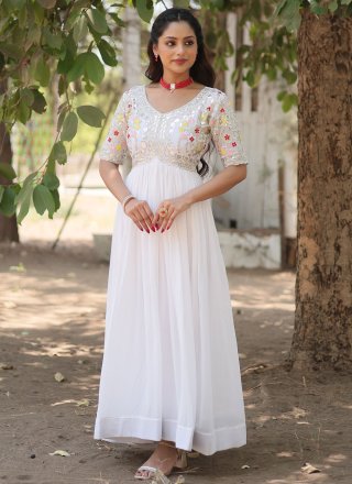 White Faux Georgette Gown with Embroidered and Sequins Work