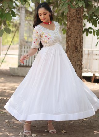 White Faux Georgette Gown with Embroidered and Sequins Work