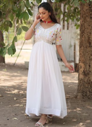 White Faux Georgette Gown with Embroidered and Sequins Work