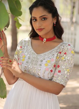 White Faux Georgette Gown with Embroidered and Sequins Work