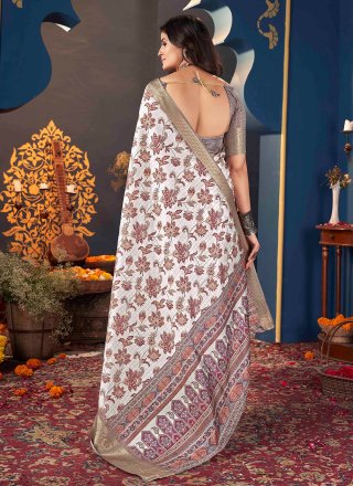 White Floral Patch and Woven Work Jacquard Silk Classic Saree