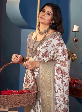 White Floral Patch and Woven Work Jacquard Silk Classic Saree