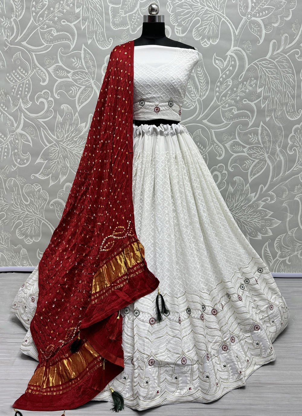 Ivory Red Bridal Thread & Mirror Lehenga Set | WaliaJones