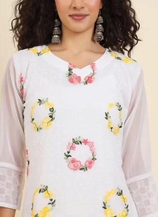White Georgette Casual Kurti with Chikankari, Embroidered and Lucknowi Work Work