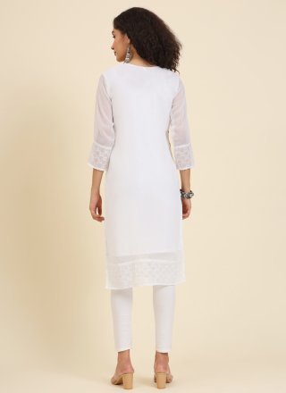 White Georgette Casual Kurti with Chikankari, Embroidered and Lucknowi Work Work