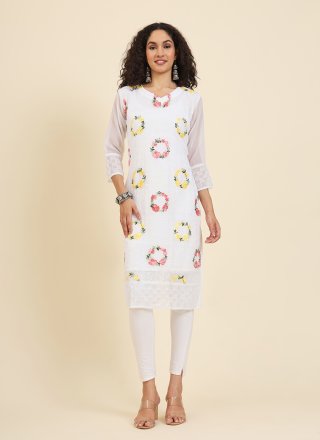 White Georgette Casual Kurti with Chikankari, Embroidered and Lucknowi Work Work