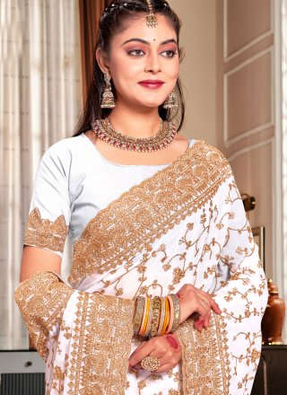 White Georgette Classic Saree with Cord, Diamond and Embroidered Work for Party